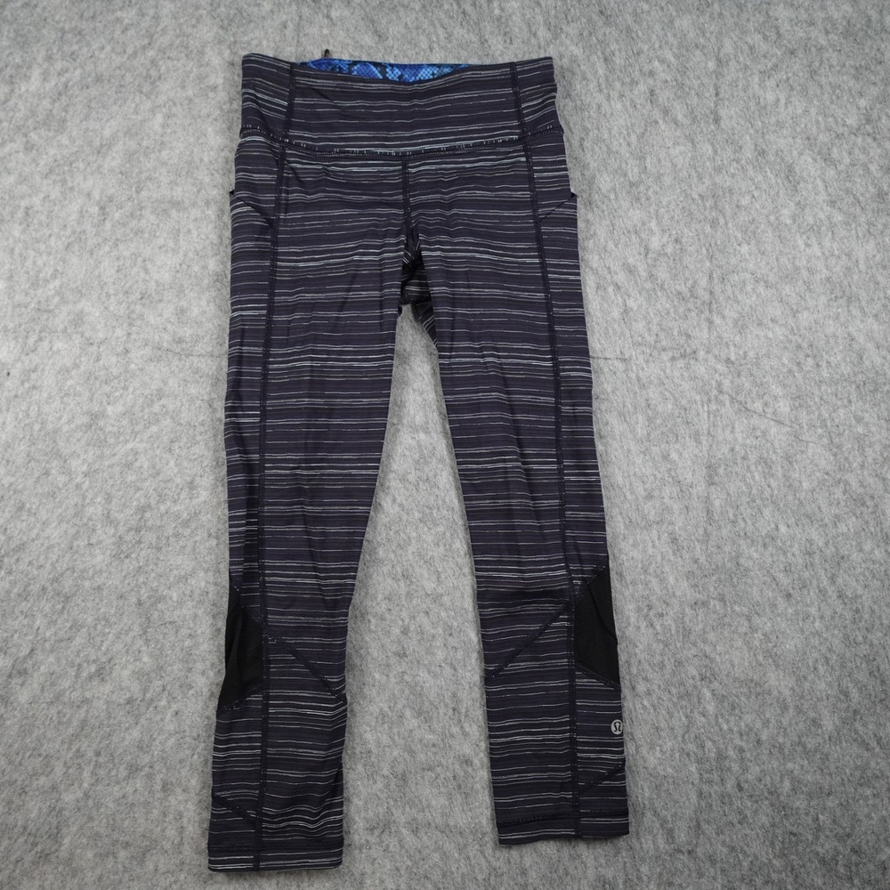 Lululemon Leggings Womens 4 Blue Black Striped Pace Rival Crop 22" Pocket Run